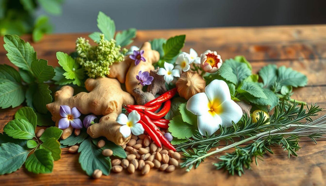 Assorted herbs and natural ingredients used in PhytoFlex Gold supplement for arthritis pain relief displayed on a wooden table.